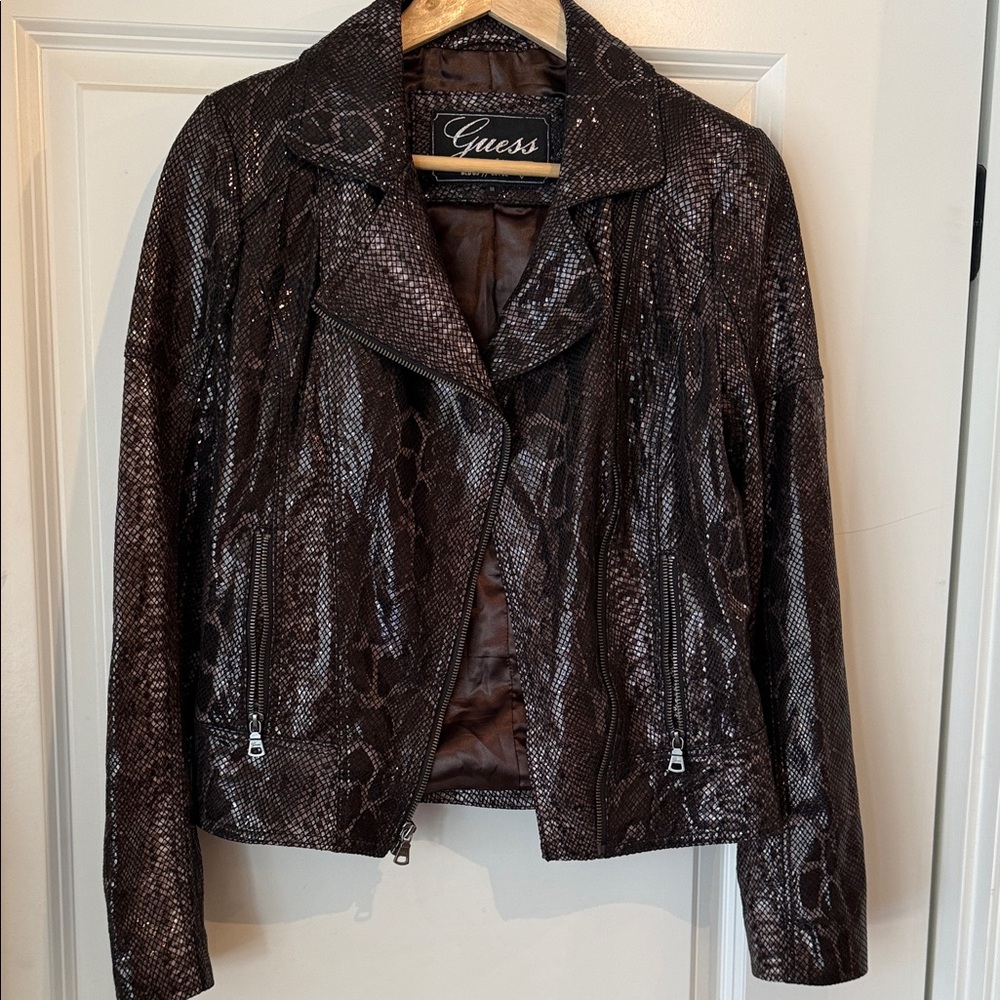 Guess Women's Dark Brown Snake Print Leather Jacket